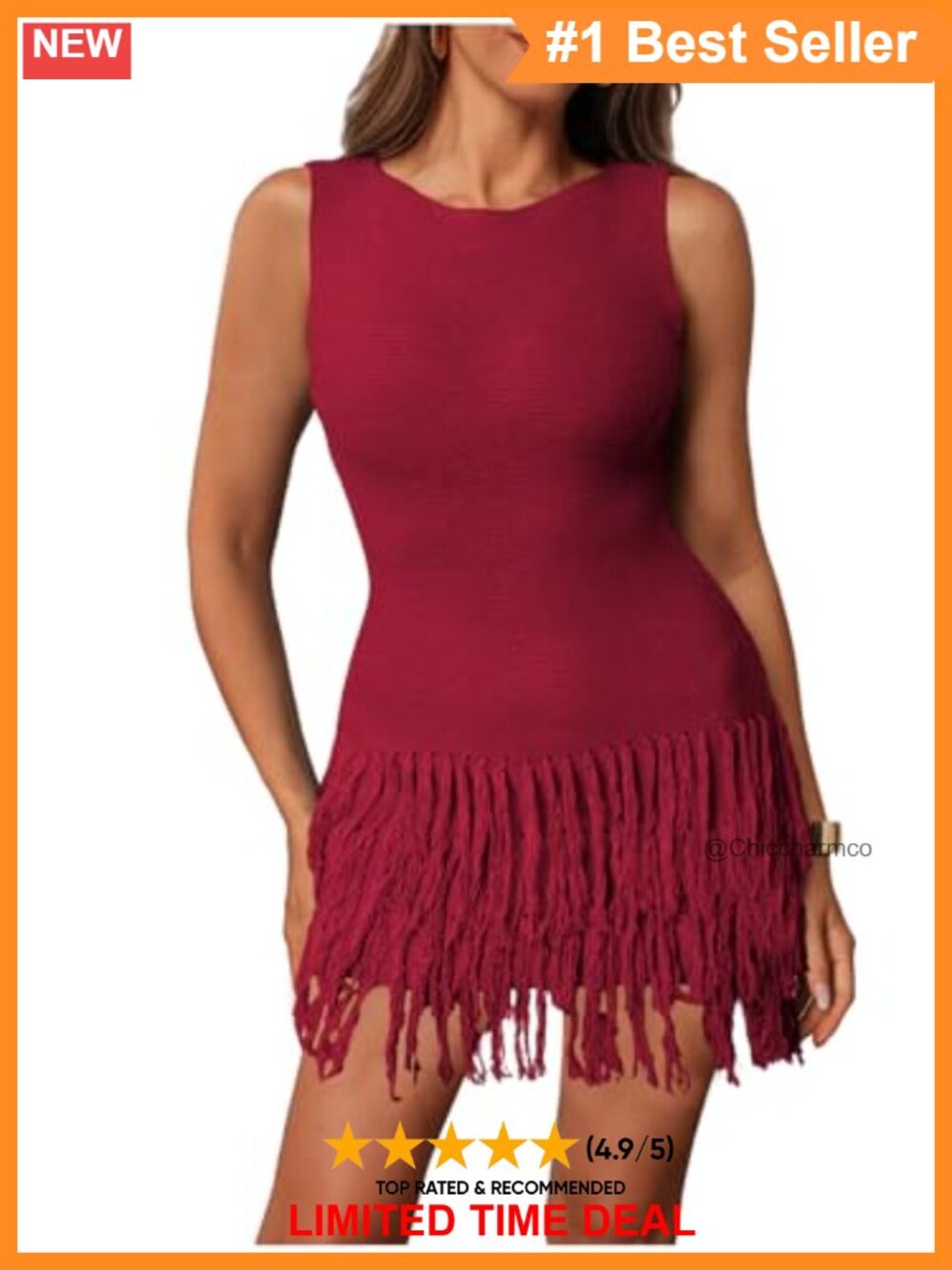 Fringe Sleeveless Mini Dress Crew Neck Bodycon Knit Women's